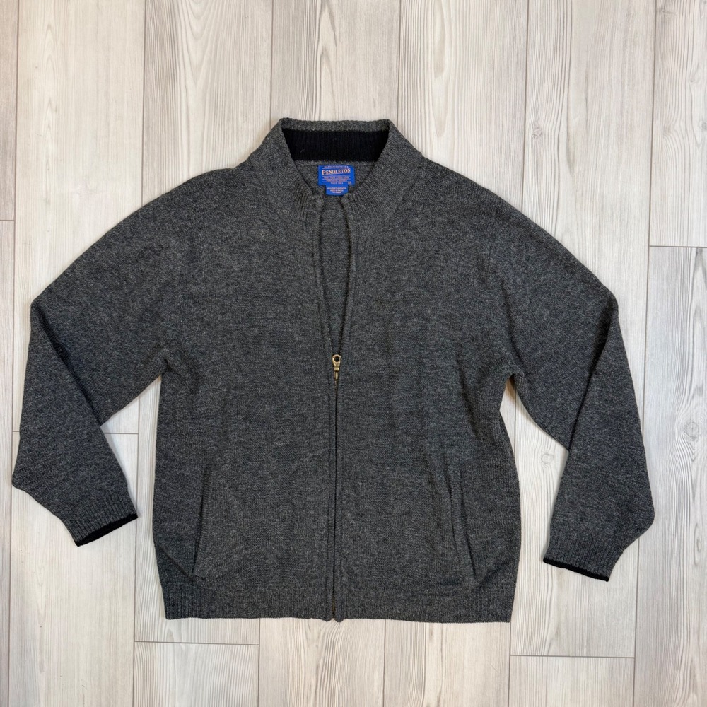 Pendleton Mens Gray Shetland Wool Full Zip Cardigan Sweater Mock Neck Medium